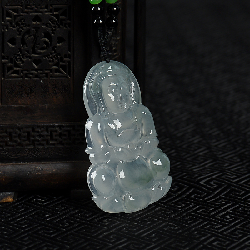 天然糯冰种飘花翡翠观音吊坠-红掌柜