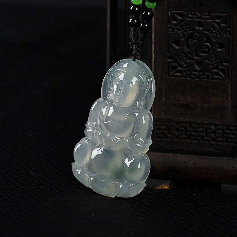 缅甸糯冰种飘花翡翠观音吊坠-红掌柜