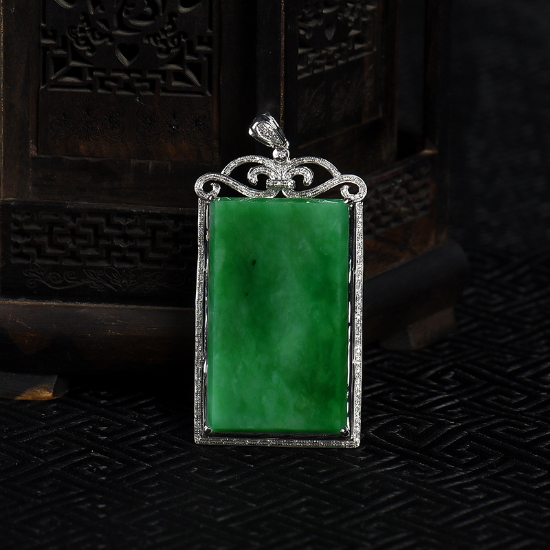 缅甸天然糯种翠绿翡翠无事牌吊坠-红掌柜