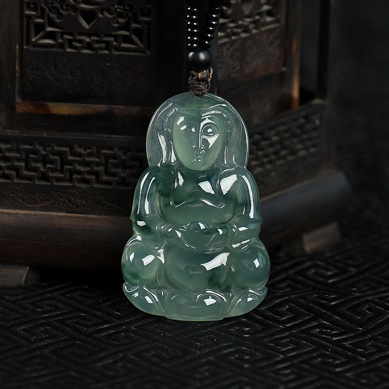 缅甸天然糯冰种飘花翡翠观音吊坠-红掌柜