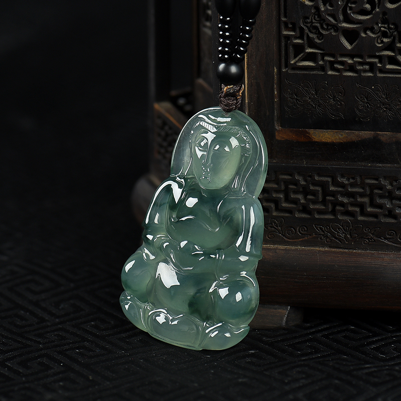 缅甸糯冰种飘花翡翠观音吊坠-红掌柜