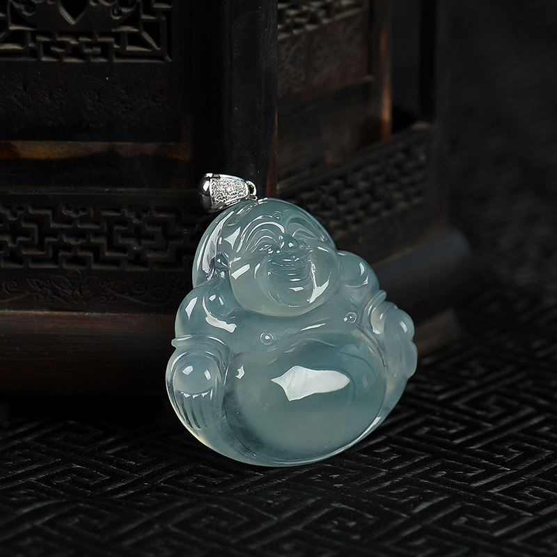 天然糯冰种灰绿翡翠弥勒佛吊坠-红掌柜