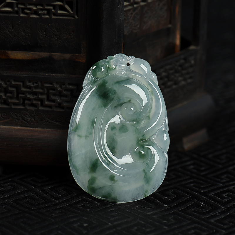 缅甸天然糯冰种飘花翡翠如意吊坠-红掌柜