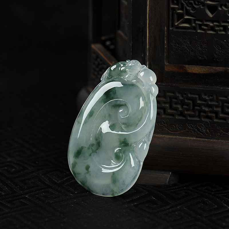 缅甸糯冰种飘花翡翠如意吊坠-红掌柜
