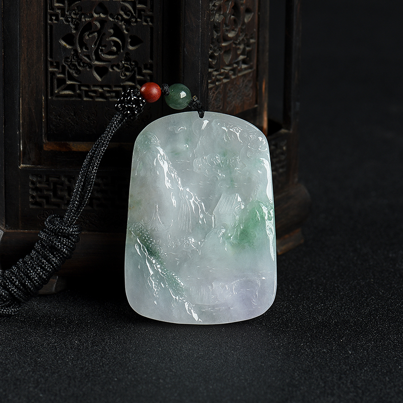 天然糯种飘花翡翠山水图吊坠-红掌柜