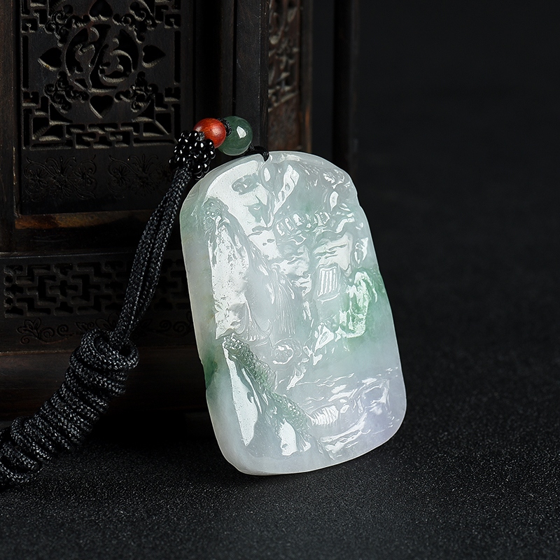 糯种飘花翡翠山水图吊坠-红掌柜