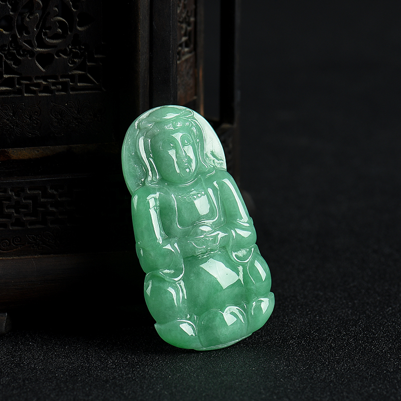天然糯种豆绿翡翠观音吊坠-红掌柜