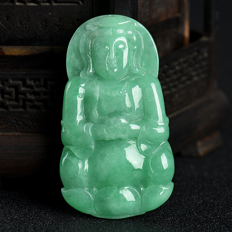 缅甸天然糯种豆绿翡翠吊坠-红掌柜