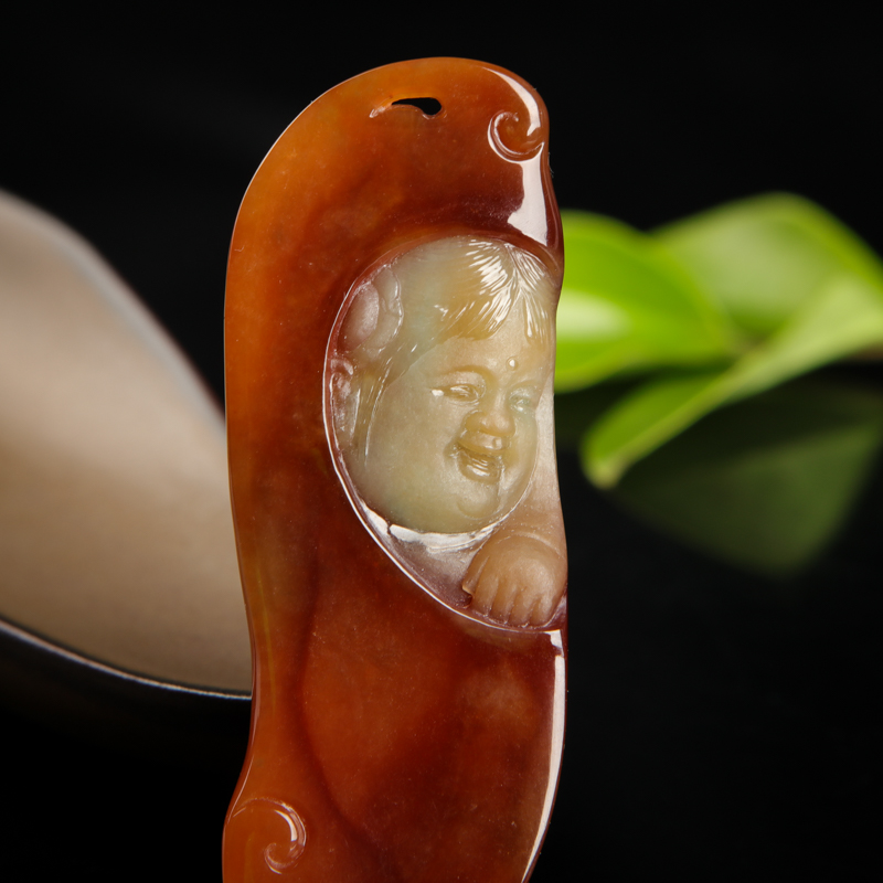 缅甸红翡金童玉女吊坠-红掌柜