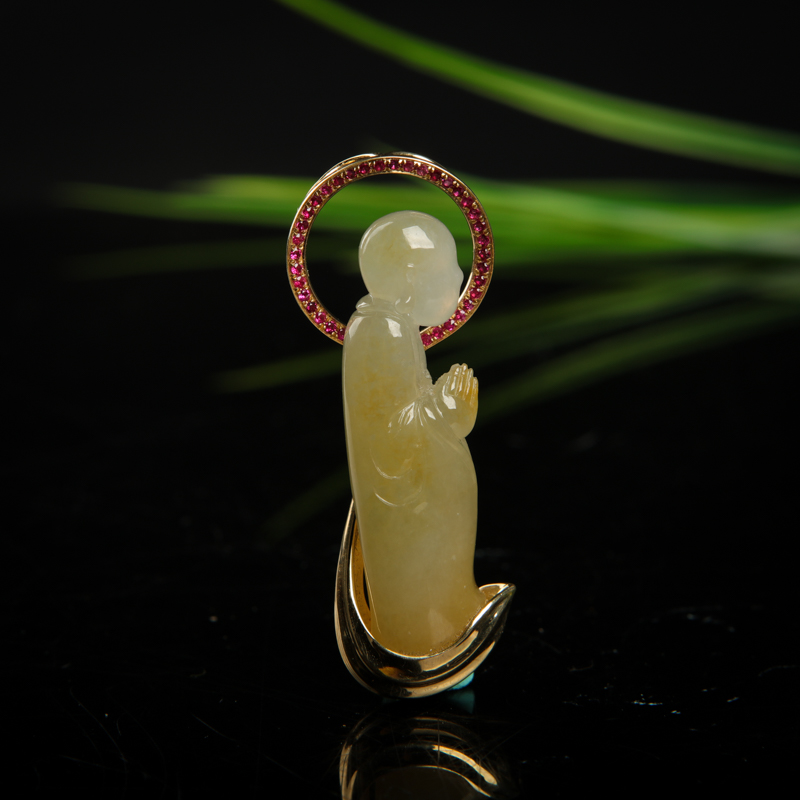 缅甸天然糯种黄翡禅悟吊坠-红掌柜