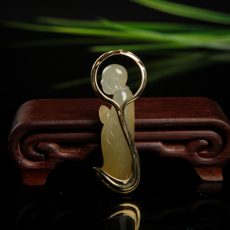 缅甸天然黄翡禅悟吊坠-红掌柜