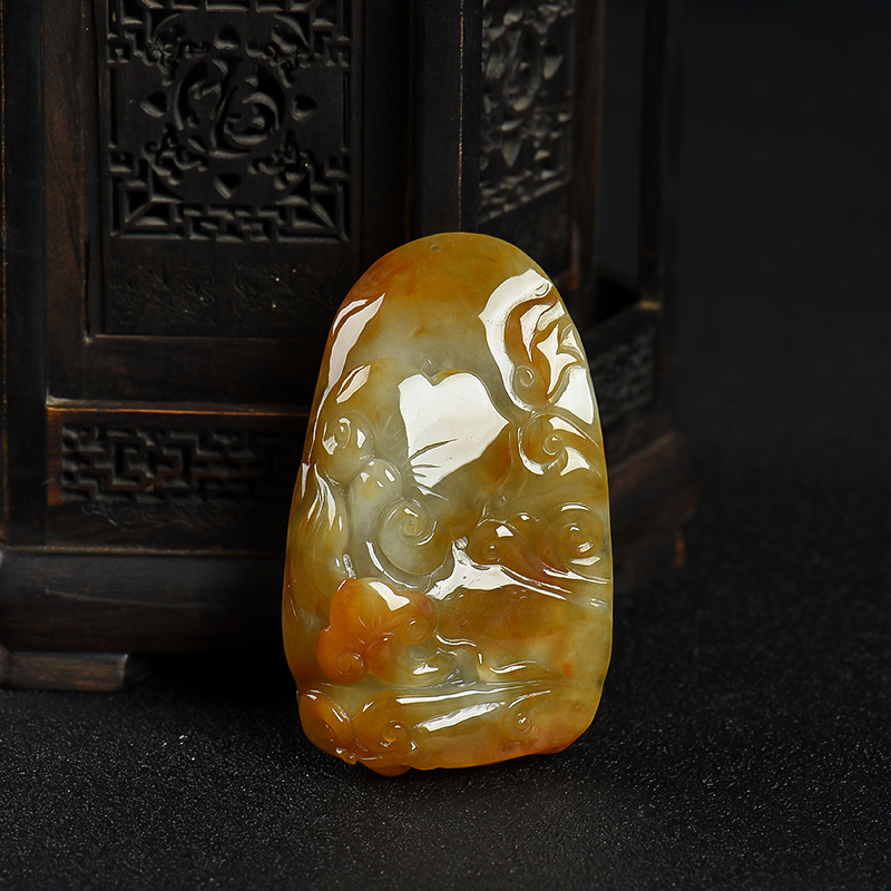 缅甸天然黄翡福寿如意吊坠-红掌柜