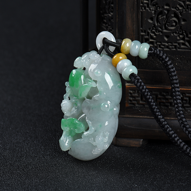 缅甸糯种飘翠翡翠连生贵子吊坠-红掌柜