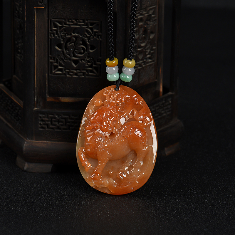 缅甸天然糯种红翡麒麟吊坠-红掌柜