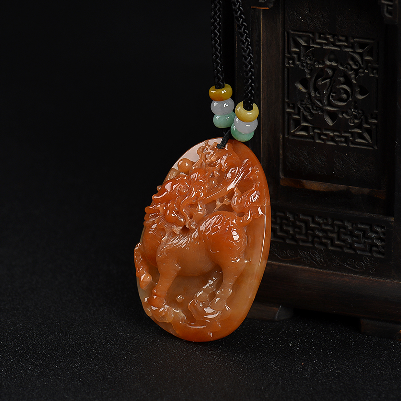 缅甸糯种红翡麒麟吊坠-红掌柜