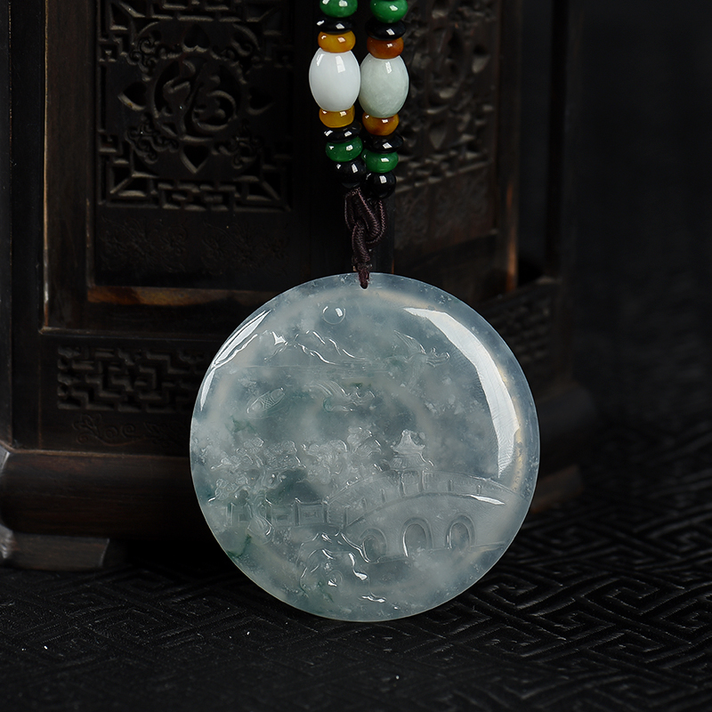 糯冰种飘花翡翠山水吊坠-红掌柜