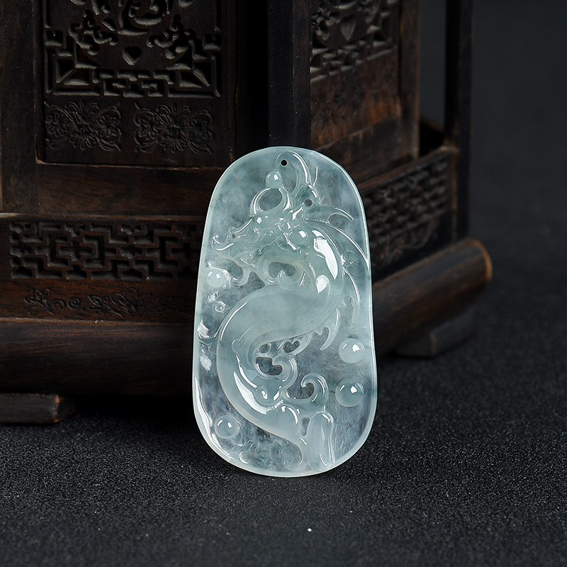 糯冰种飘花翡翠龙头鱼吊坠-红掌柜