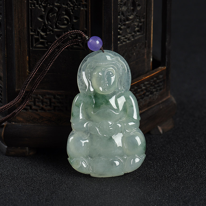 缅甸天然糯冰种飘花翡翠观音吊坠-红掌柜