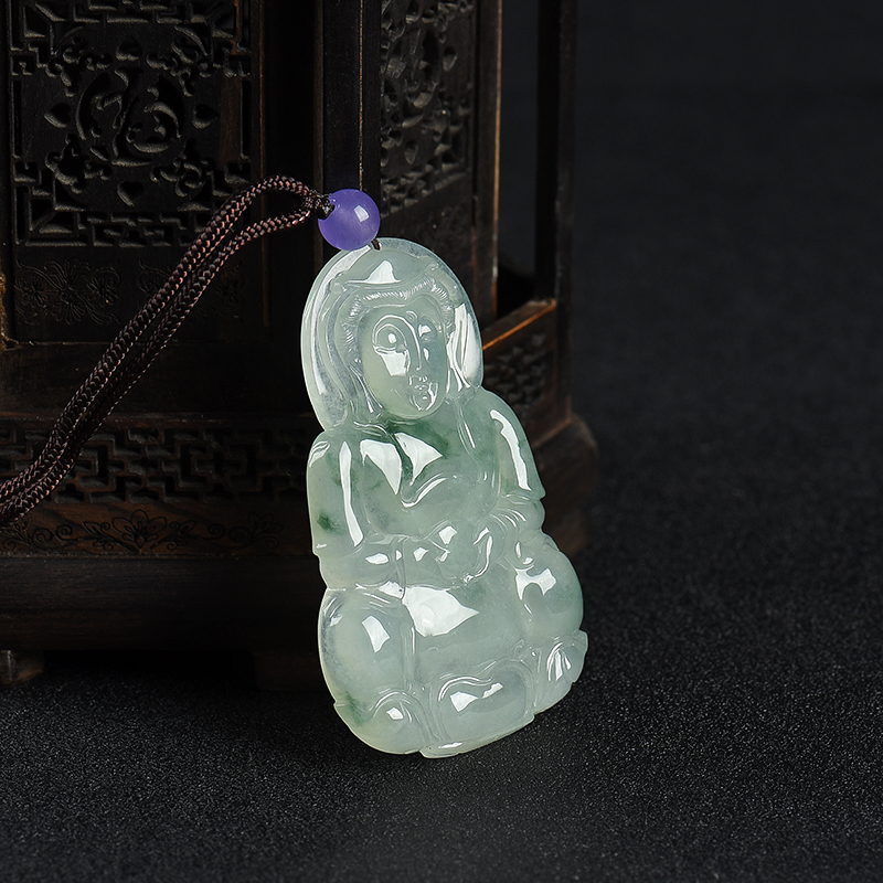 天然糯冰种飘花翡翠观音吊坠-红掌柜