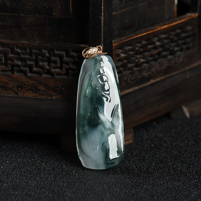 缅甸天然糯冰种飘花翡翠福从天降吊坠-红掌柜