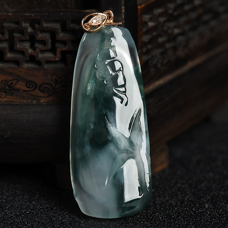 缅甸天然糯冰种飘花翡翠吊坠-红掌柜