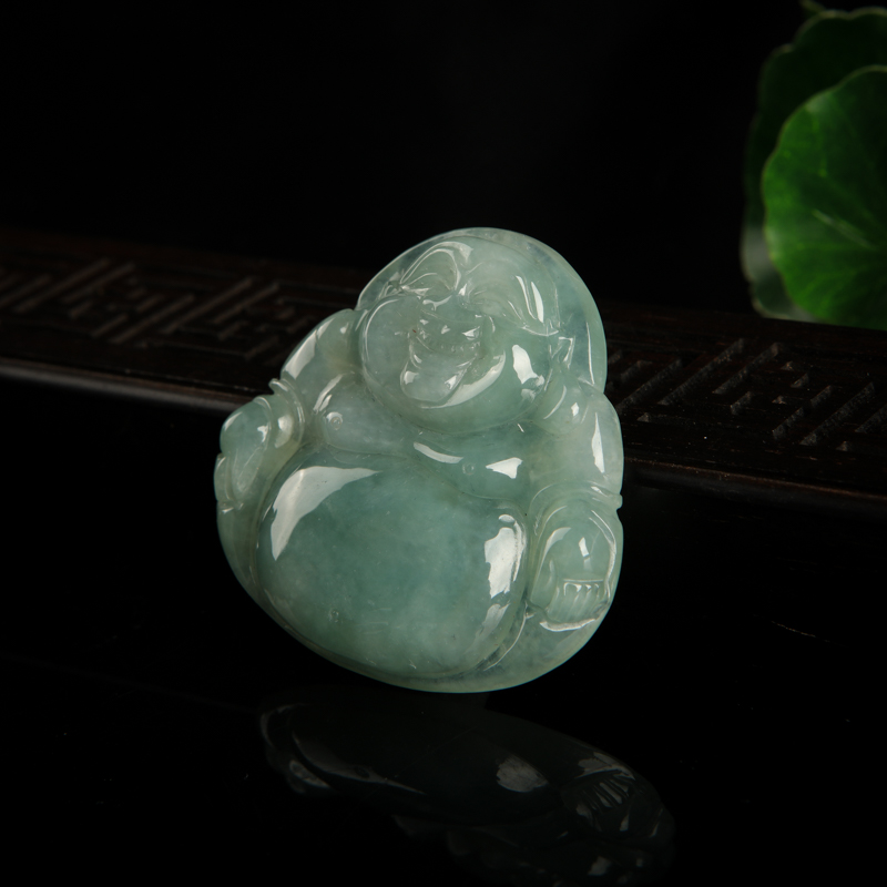 缅甸糯种灰绿翡翠弥勒佛吊坠-红掌柜