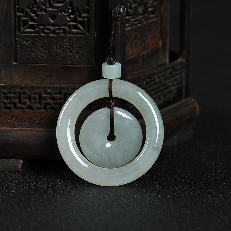 缅甸天然糯种灰绿翡翠平安扣吊坠-红掌柜