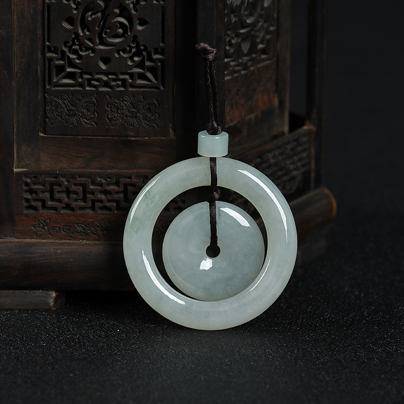 缅甸天然灰绿翡翠平安扣吊坠-红掌柜