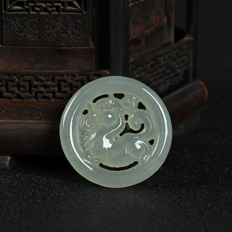 缅甸天然深绿翡翠麒麟吊坠-红掌柜