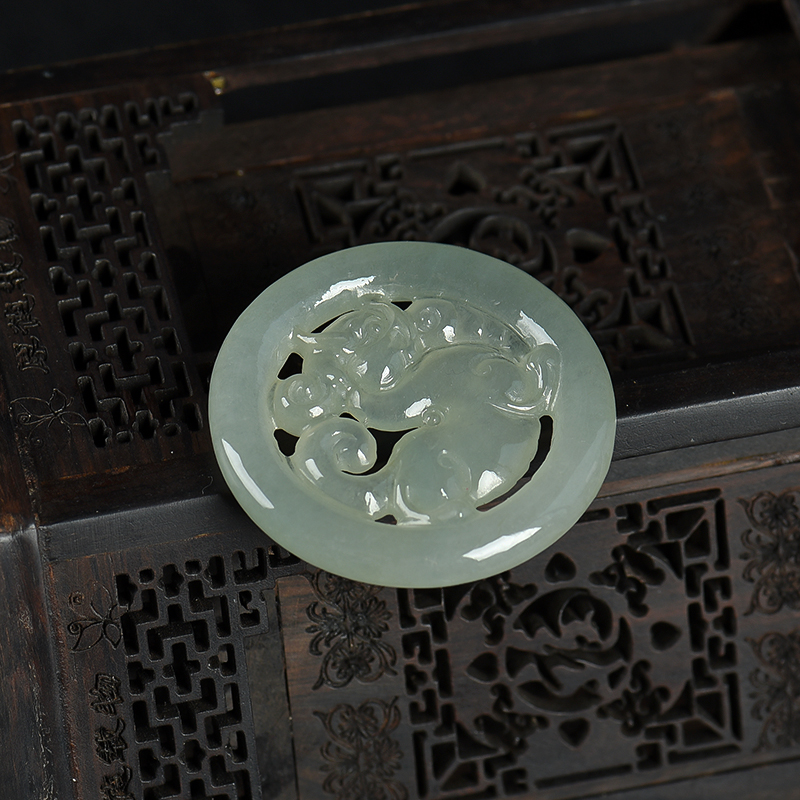 缅甸天然糯冰种翡翠麒麟吊坠-红掌柜