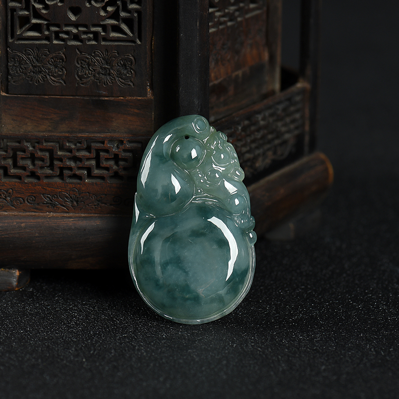 缅甸天然糯种飘花翡翠福禄吊坠-红掌柜