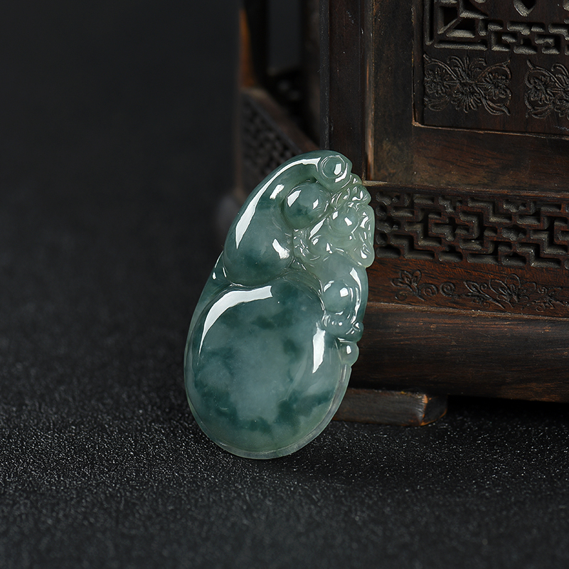 缅甸糯种飘花翡翠福禄吊坠-红掌柜