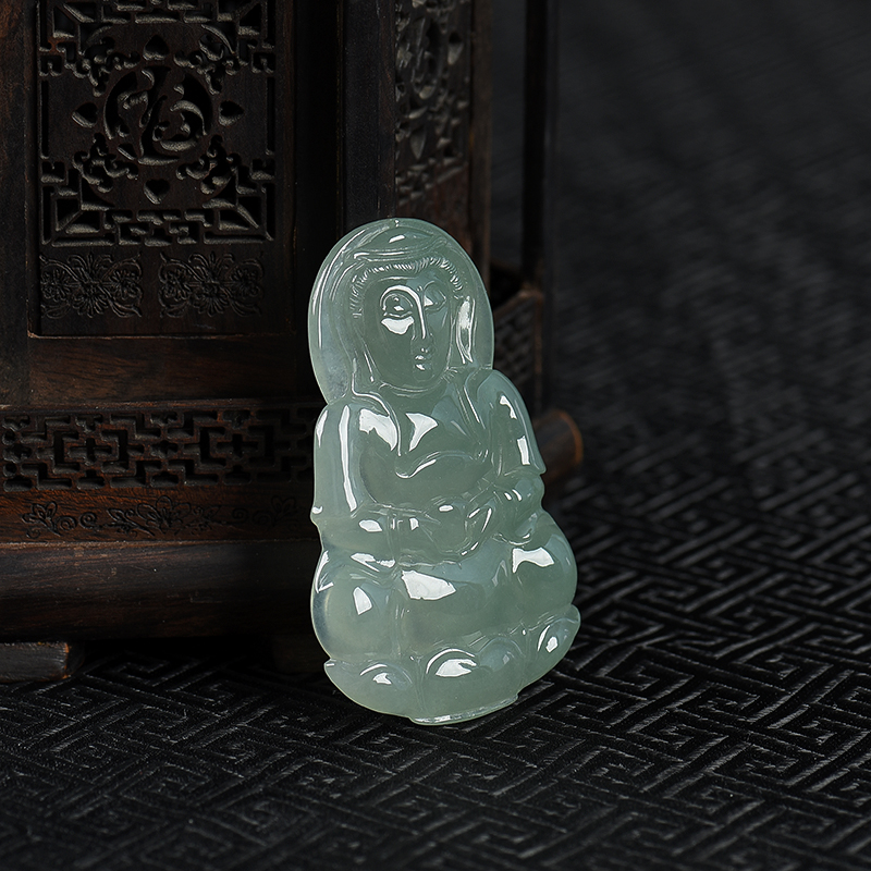天然油青种灰绿翡翠观音吊坠-红掌柜