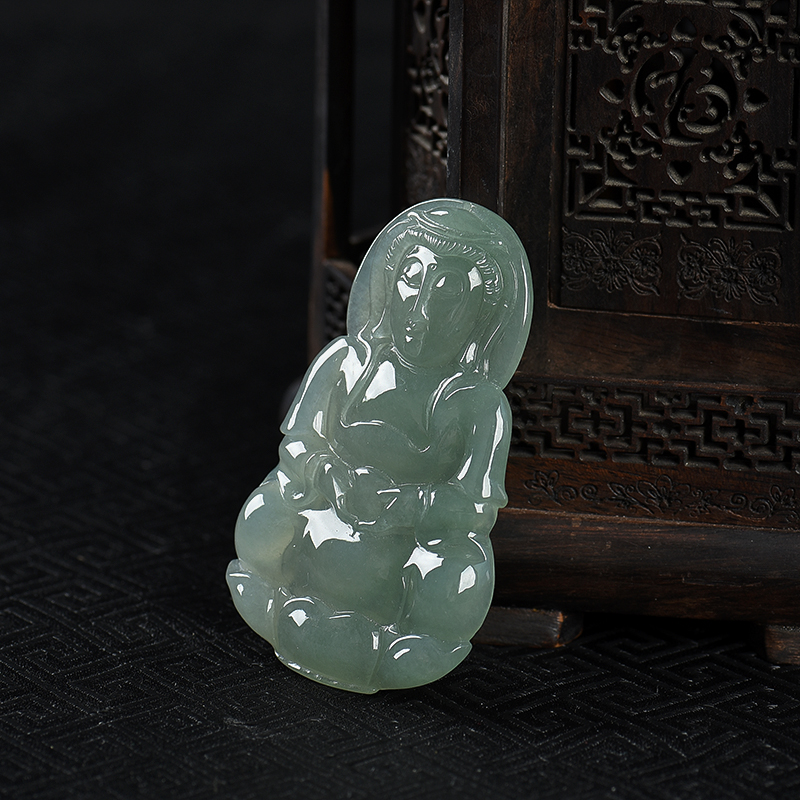 缅甸油青种灰绿翡翠观音吊坠-红掌柜