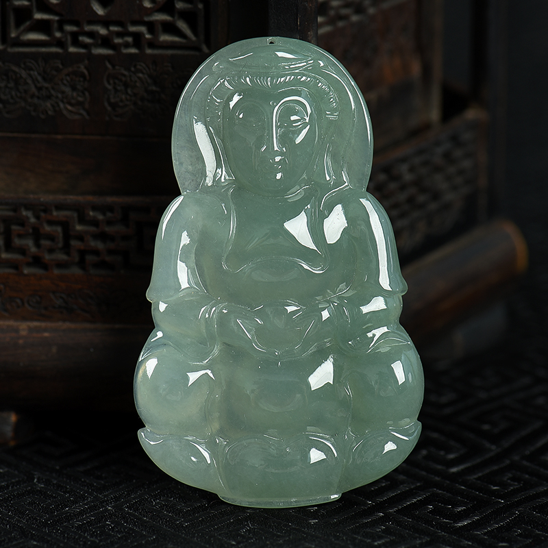 缅甸天然油青种灰绿翡翠吊坠-红掌柜