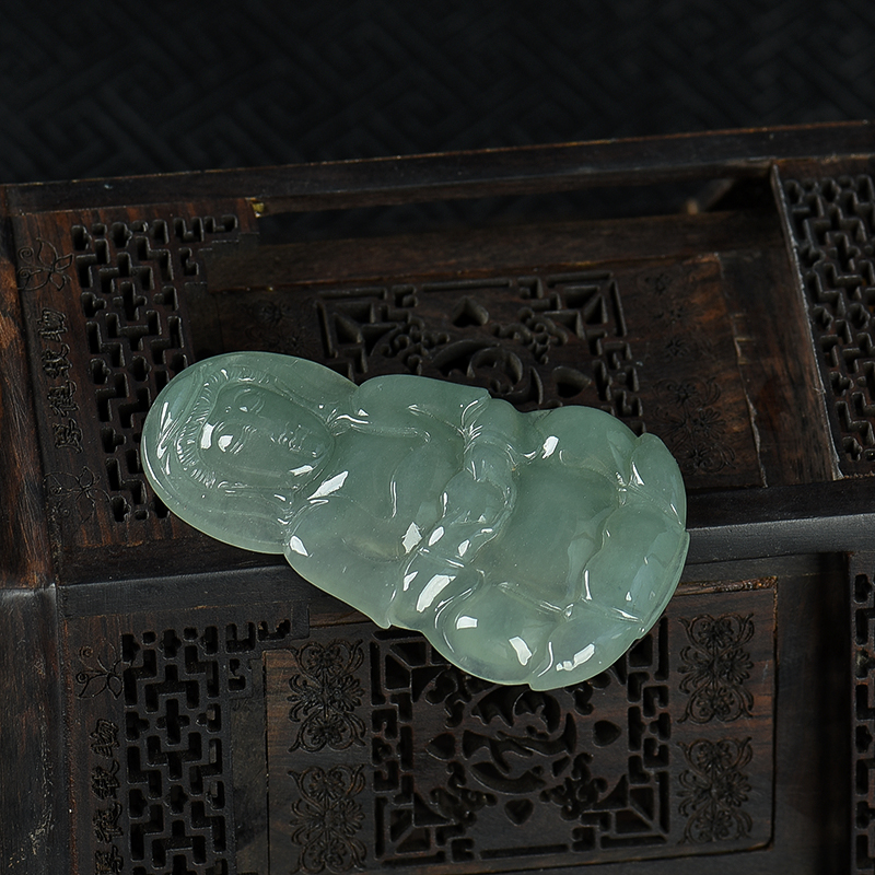 缅甸天然油青种翡翠观音吊坠-红掌柜