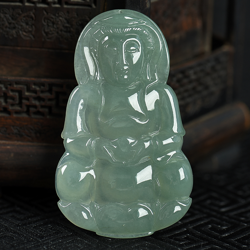 缅甸天然油青种灰绿翡翠吊坠-红掌柜