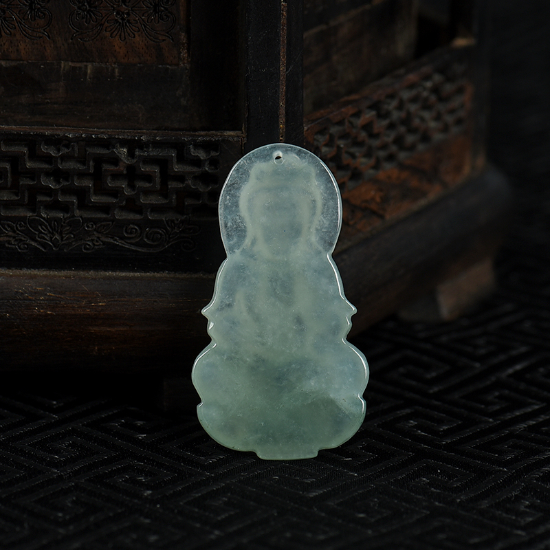 缅甸天然灰绿翡翠观音吊坠-红掌柜