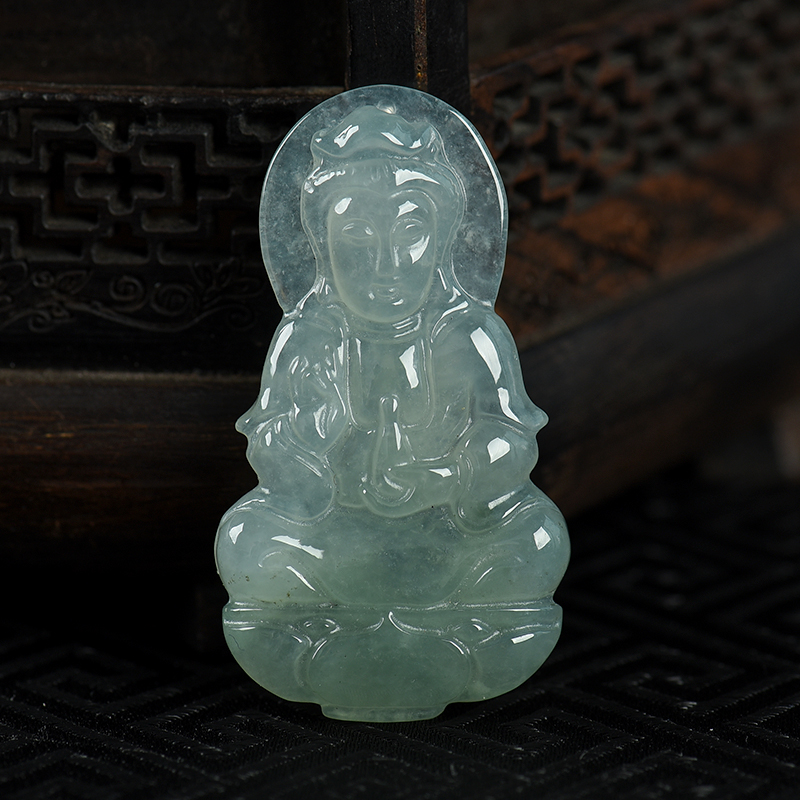 缅甸天然糯冰种灰绿翡翠吊坠-红掌柜