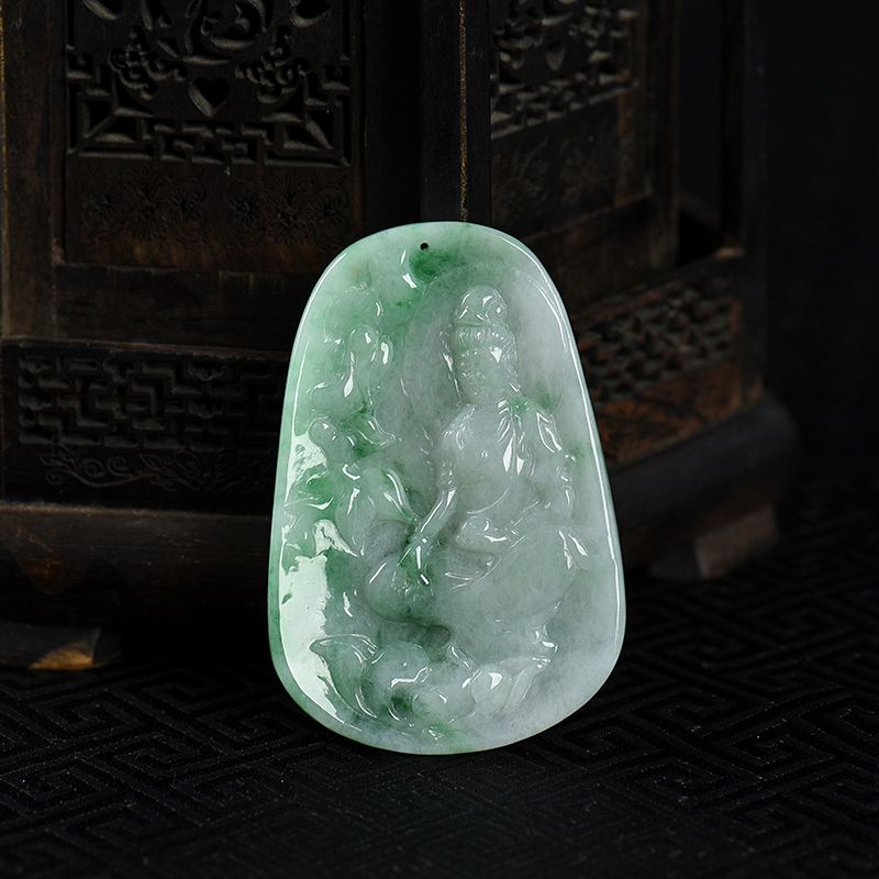 缅甸天然豆种飘翠翡翠观音吊坠-红掌柜