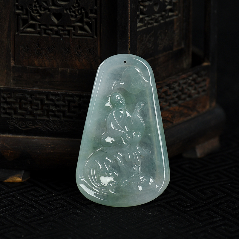缅甸天然糯冰种飘翠翡翠佛吊坠-红掌柜