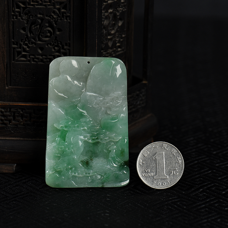 缅甸天然翡翠山水吊坠-红掌柜