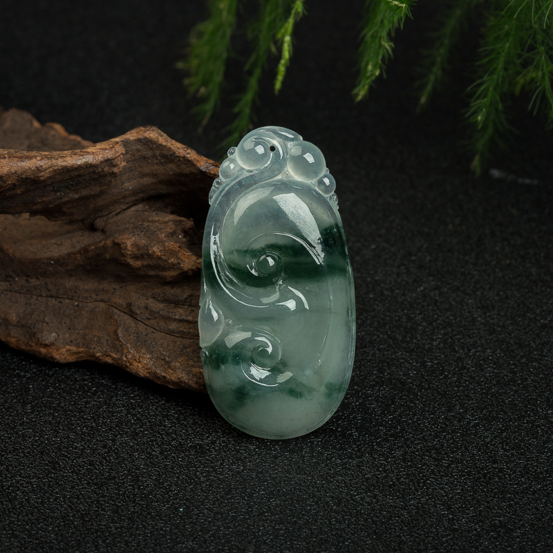 缅甸天然糯冰种飘花翡翠如意吊坠-红掌柜