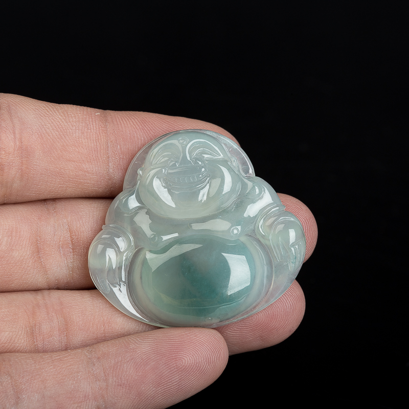 缅甸糯冰种飘花翡翠弥勒佛吊坠-红掌柜