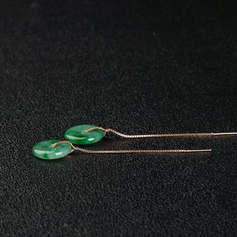 18k天然缅甸糯冰种翡翠平安扣耳坠-红掌柜