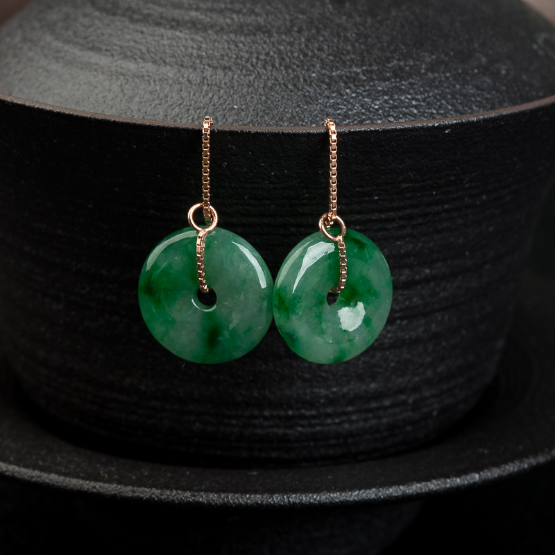18k糯冰种翠绿翡翠平安扣耳坠-红掌柜