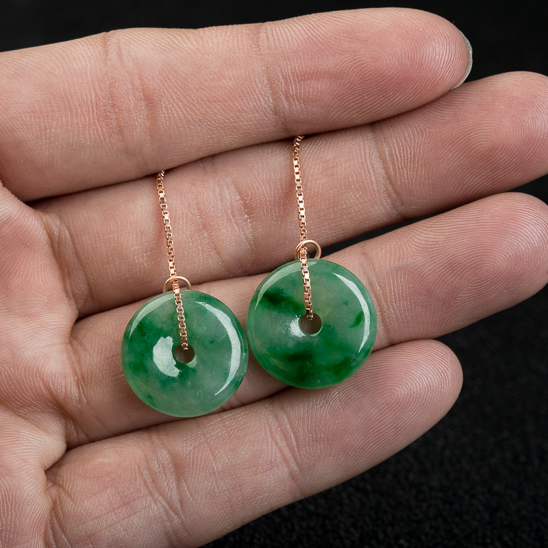 缅甸糯冰种翠绿翡翠平安扣耳坠-红掌柜