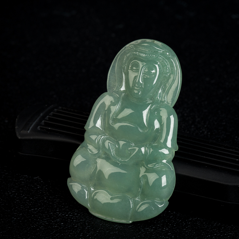 天然缅甸油青种灰绿翡翠吊坠-红掌柜