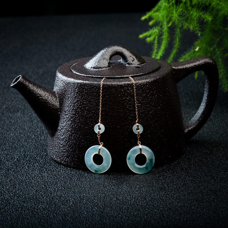 18K糯种飘花翡翠平安扣耳坠-红掌柜