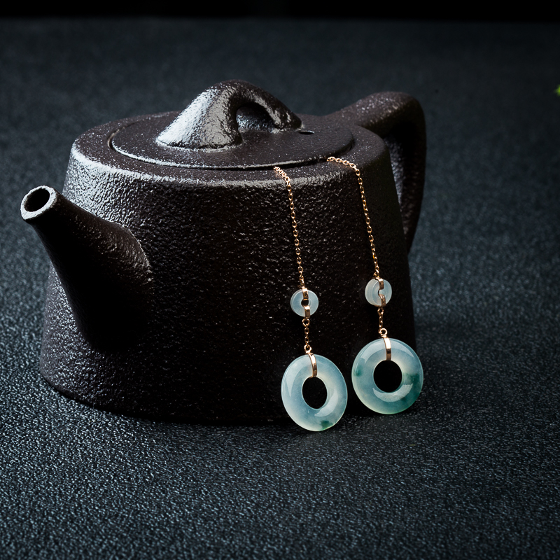 18K飘花翡翠平安扣耳坠-红掌柜